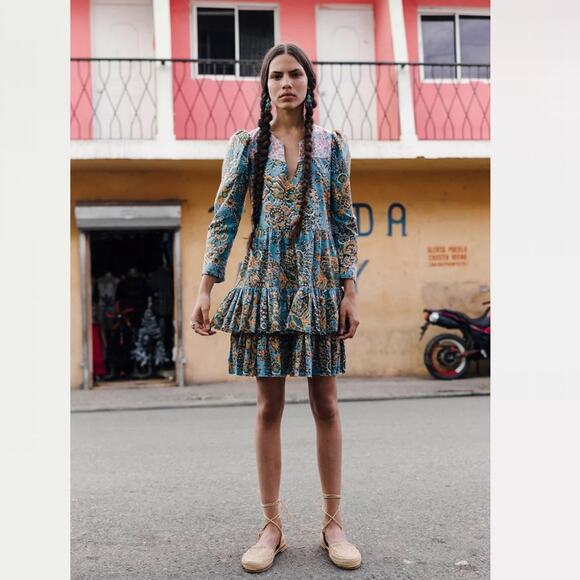 Alix of Bohemia Squash blossom Dress Size M Turqoise patchwork whimsical floral - Picture 5 of 13